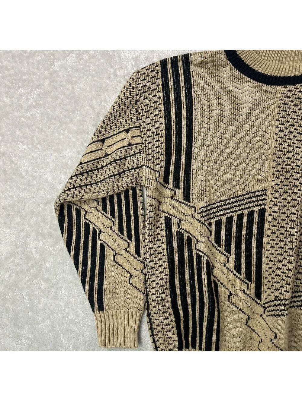Vintage 1990s 3D Sweater Mens Medium Brown Geometric Knit Made in USA Jondel